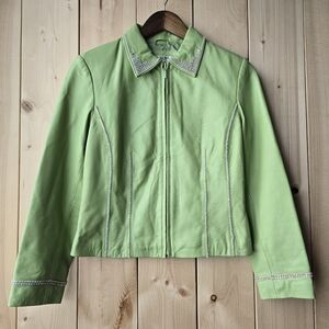 Yvonne Marie Petite Lambs Leather Jacket Rhinestone Trim Green Womens SP